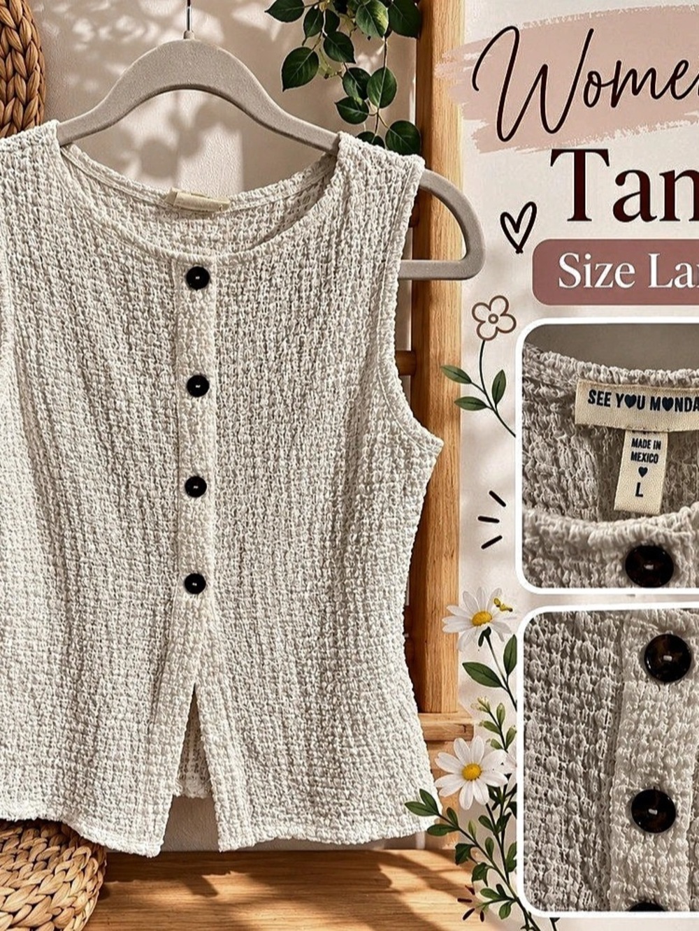 See You Monday Textured Button Front Tank Top in Cream Size Large